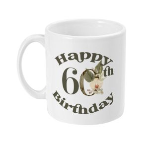 Ceramic 60th Birthday mug with elegant floral design and 'Happy 60th Birthday' message