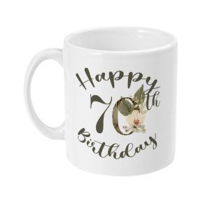 Elegant 70th Birthday Floral Mug with 'Happy 70th Birthday' message and floral design in shades of green, beige, and ivory.