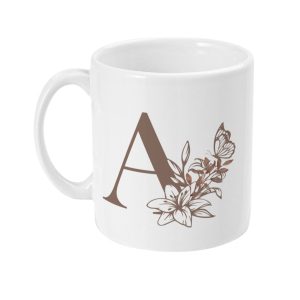 White ceramic mug with dark brown initial A, floral and butterfly design.