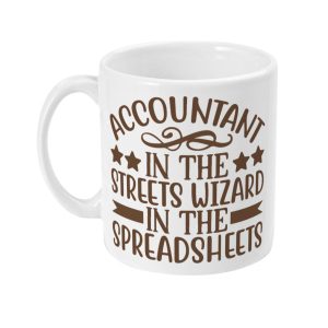 White ceramic mug with playful brown design featuring text 'Accountant in the Streets Wizard in the Spreadsheets' surrounded by stars and scrolls.