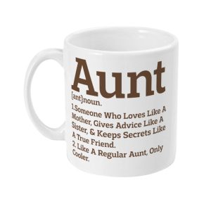 White ceramic mug featuring a humorous Aunt Definition in brown text