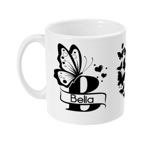 Personalised white mug with a black butterfly design, featuring the letter 'B' and the name 'Bella'.