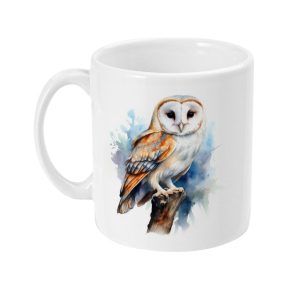 Detailed watercolor image of an owl perched on a stump in soft blues and browns.