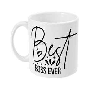 White mug with playful 'Best BOSS Ever' design including script font, heart-shaped 'e,' bold 'BOSS,' stars, and dots.