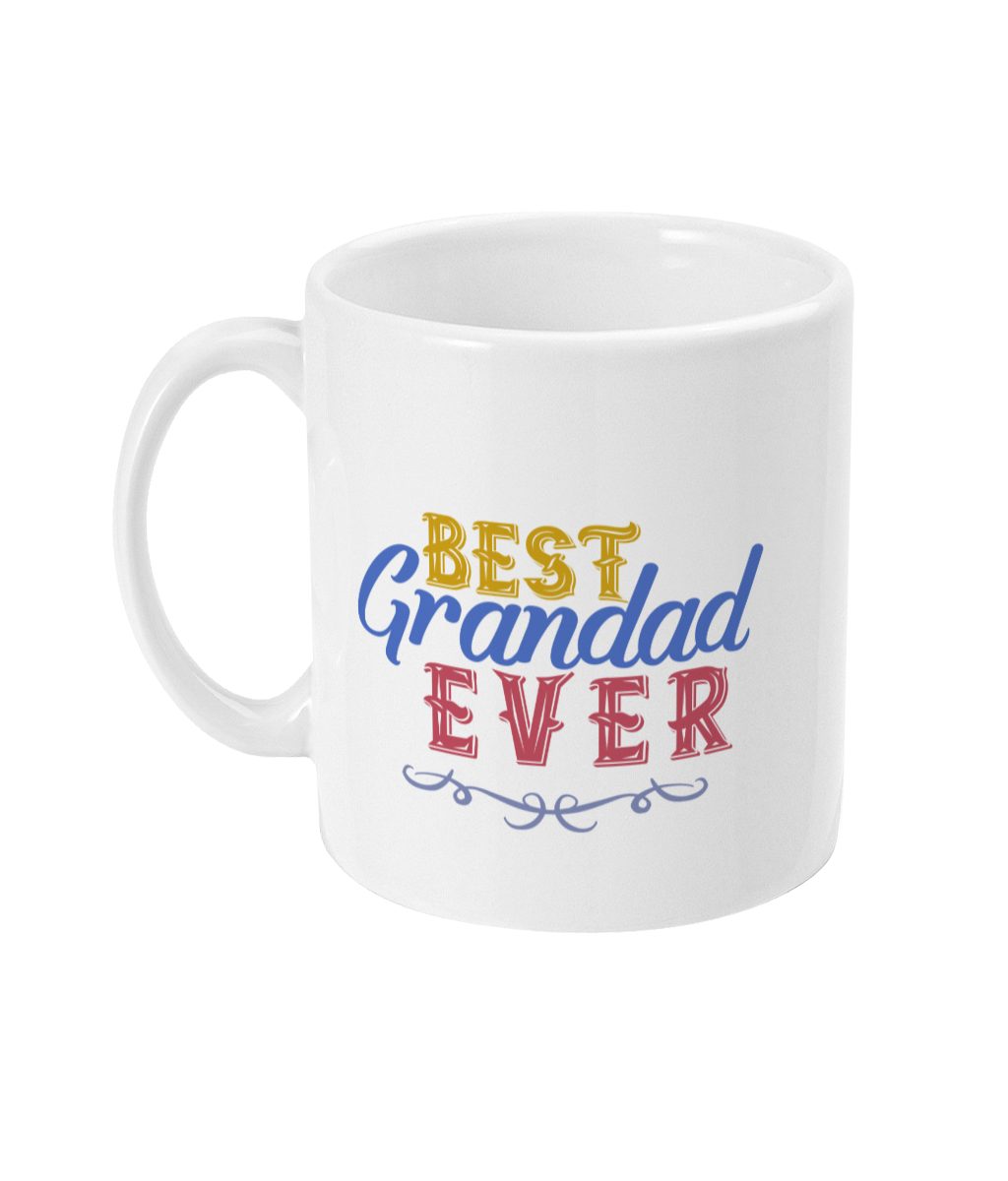 White ceramic mug with bold 'BEST Grandad EVER' text in blue, red, and yellow colours