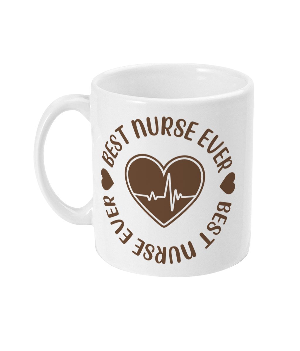 Best Nurse Ever Mug with heart graphic design and 'BEST NURSE EVER' text in shades of brown