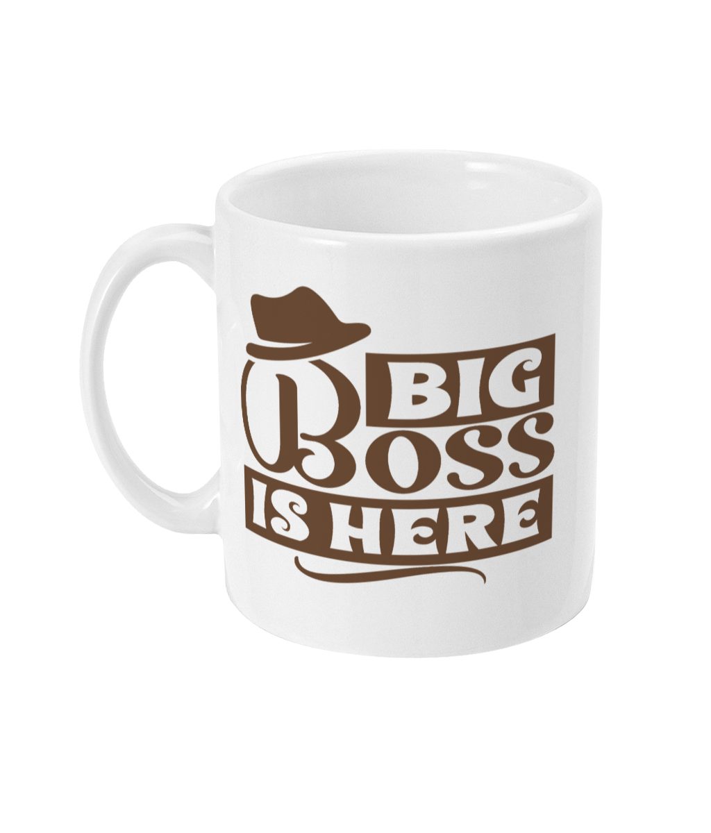 White mug with 'BIG BOSS IS HERE' text and fedora hat design