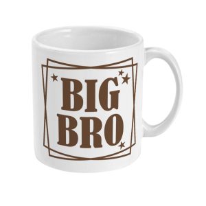 White ceramic mug with 'BIG BRO' in bold brown letters and decorative stars and borders.