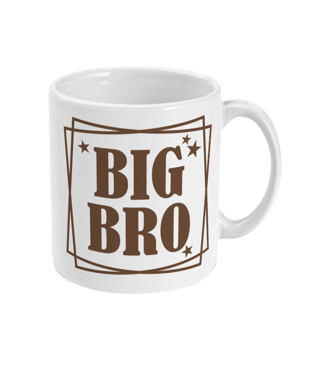 White ceramic mug with 'BIG BRO' in bold brown letters and decorative stars and borders.
