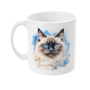 Ceramic mug featuring a Himalayan cat with blue eyes and watercolor detailing