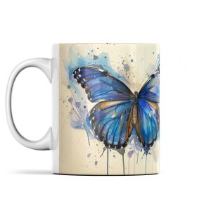 Gorgeous Watercolour Blue Morpho Butterfly Mug with intricate blue butterfly design on an off-white surface.