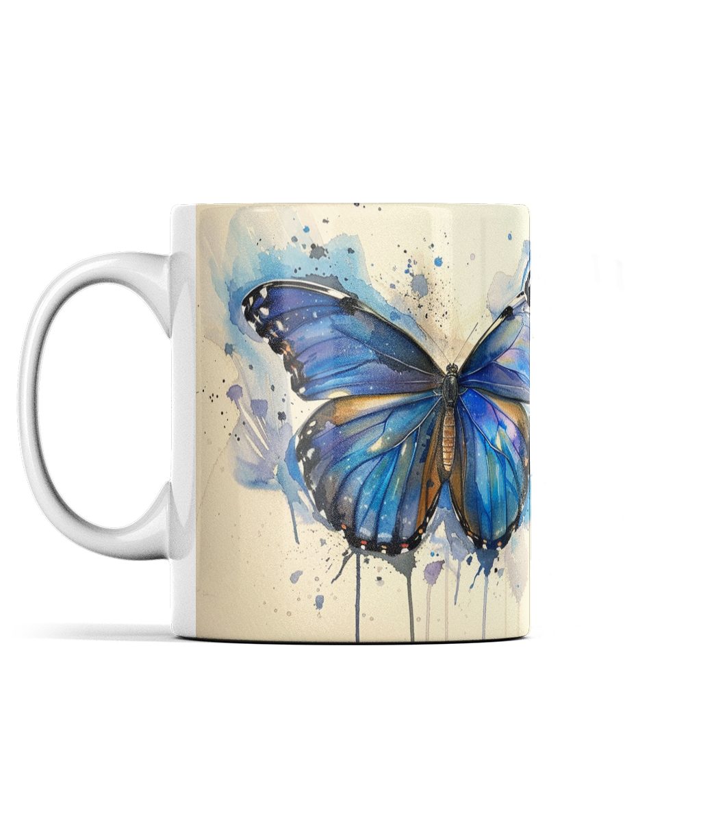 Gorgeous Watercolour Blue Morpho Butterfly Mug with intricate blue butterfly design on an off-white surface.
