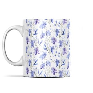 Bluebells Watercolour Mug with serene floral pattern in shades of blue and lavender on a glossy ceramic mug