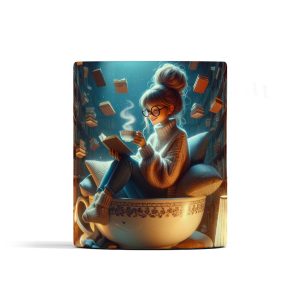 Whimsical teacup mug featuring a young woman reading surrounded by floating books in a cozy library setting