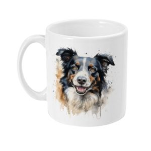 Watercolour Border Collie Mug featuring a lifelike depiction of a loyal and intelligent Border Collie with expressive eyes and distinctive markings.