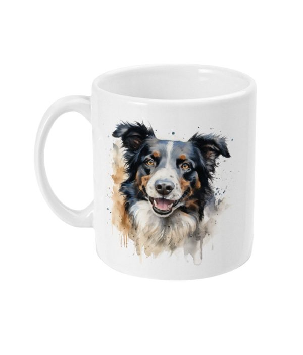 Watercolour Border Collie Mug featuring a lifelike depiction of a loyal and intelligent Border Collie with expressive eyes and distinctive markings.