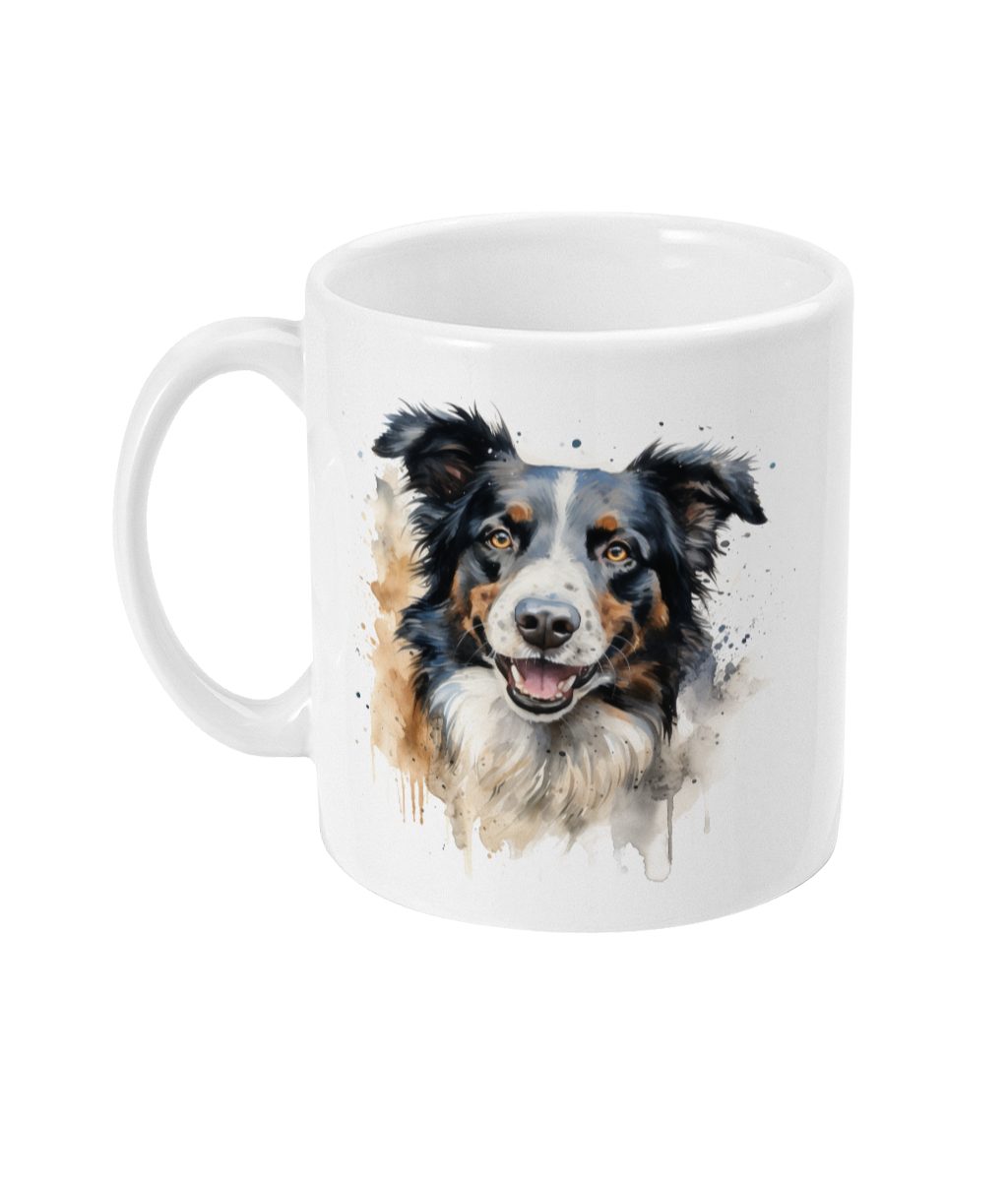 Watercolour Border Collie Mug featuring a lifelike depiction of a loyal and intelligent Border Collie with expressive eyes and distinctive markings.