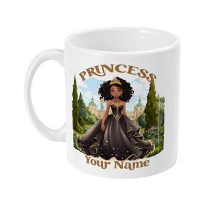 White mug featuring a cartoon princess in a brown gown with golden accents against a palace and greenery background, with 'PRINCESS' and 'Your Name' placeholders for personalisation.