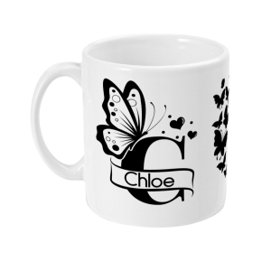Personalised Letter C Monogram Butterfly Mug in white with black butterfly and floral design, featuring customizable name 'Chloe' in elegant script font.