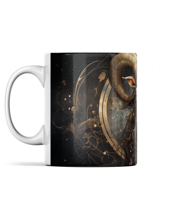 Capricorn-themed ceramic mug with intricate steampunk design in brown, gold, and black colours.