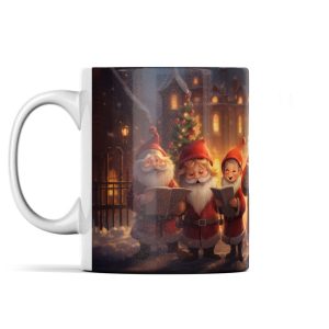 Cheerful ceramic mug featuring three singing Santa Clauses in a snowy festive scene.