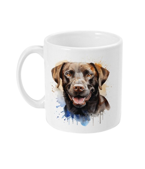 Detailed watercolor image of a brown and black Chocolate Labrador on a white mug with vibrant blue and brown splatter effects.