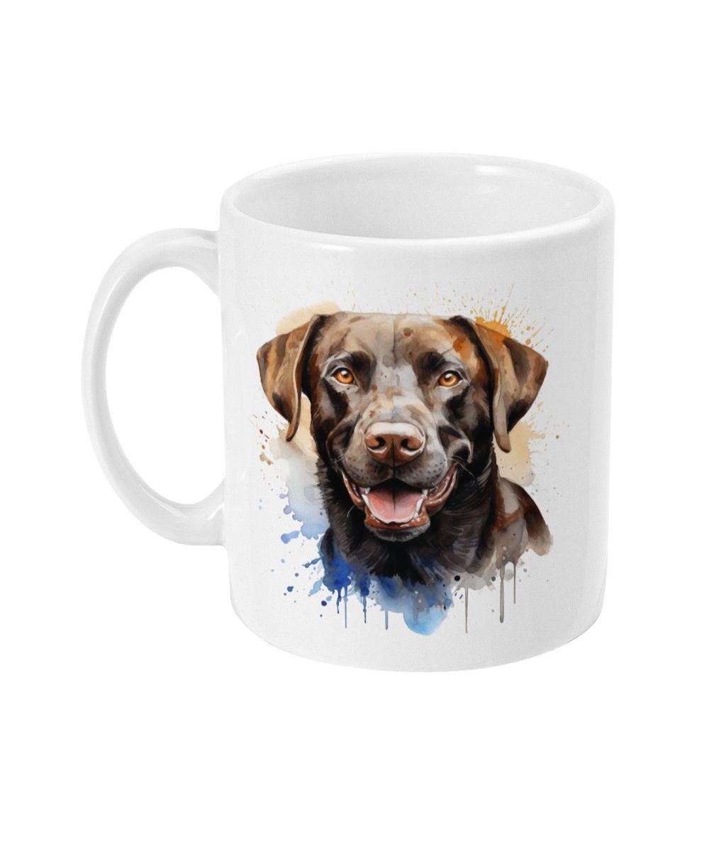 Detailed watercolor image of a brown and black Chocolate Labrador on a white mug with vibrant blue and brown splatter effects.