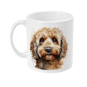 Brown and cream Cockapoo graphic on white ceramic mug