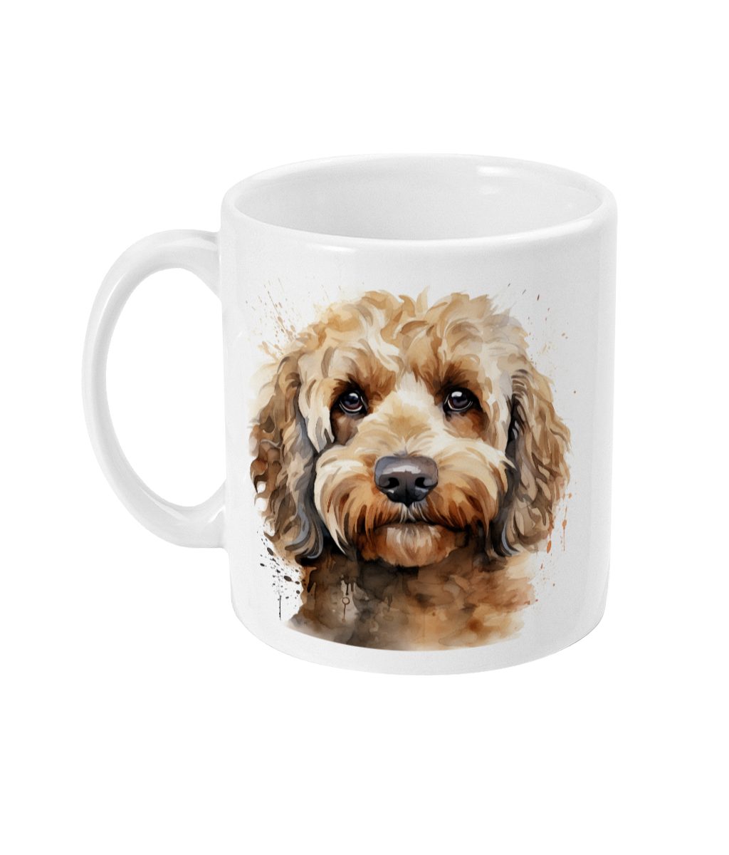 Brown and cream Cockapoo graphic on white ceramic mug