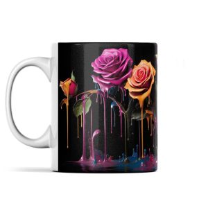 Mug with dripping paint roses in vibrant colours on a black background
