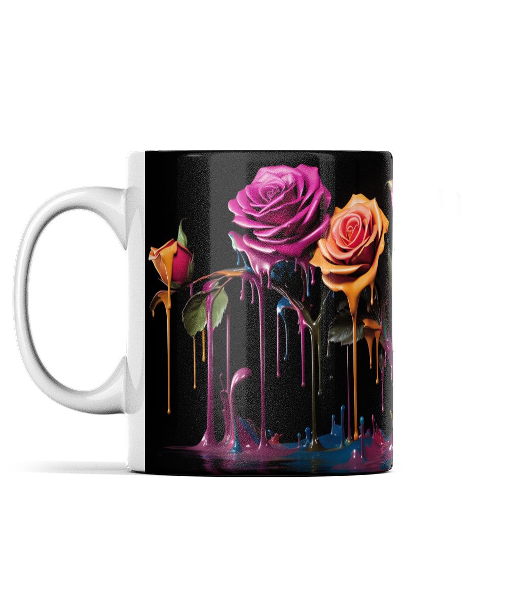 Mug with dripping paint roses in vibrant colours on a black background