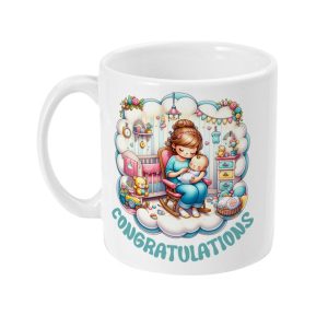 Woman on rocking chair holding a baby in a colourful nursery setting with 'CONGRATULATIONS' printed below
