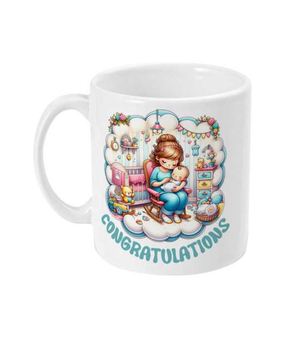 Woman on rocking chair holding a baby in a colourful nursery setting with 'CONGRATULATIONS' printed below