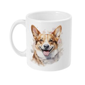 White ceramic mug featuring a watercolour Corgi with a cheerful expression