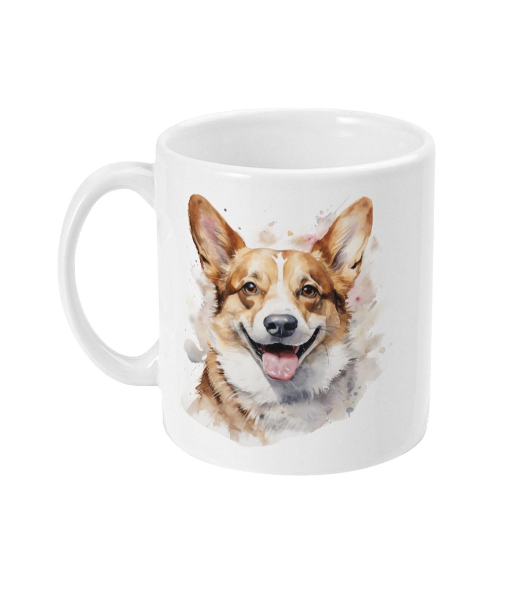 White ceramic mug featuring a watercolour Corgi with a cheerful expression