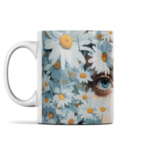 Colorful mug featuring blue and white daisies with a striking human eye in artistic design