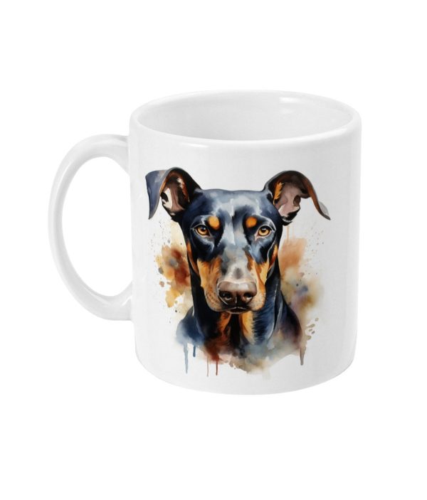 Realistic watercolor depiction of a Doberman's face on a white ceramic mug with brown, black, and blue tones.