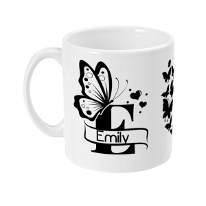 Personalised Letter E Monogram Butterfly Mug featuring intricate black butterflies, hearts, and floral motifs with stylized name 'Emily'.