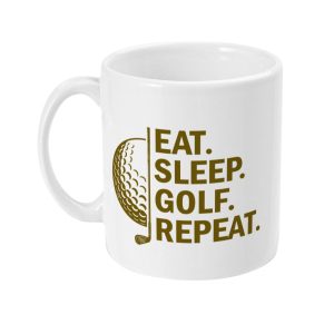 White ceramic golf mug with 'EAT. SLEEP. GOLF. REPEAT.' text and golf ball graphic in gold.