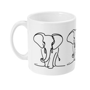 White ceramic mug with elegant black line drawing of looped elephants.