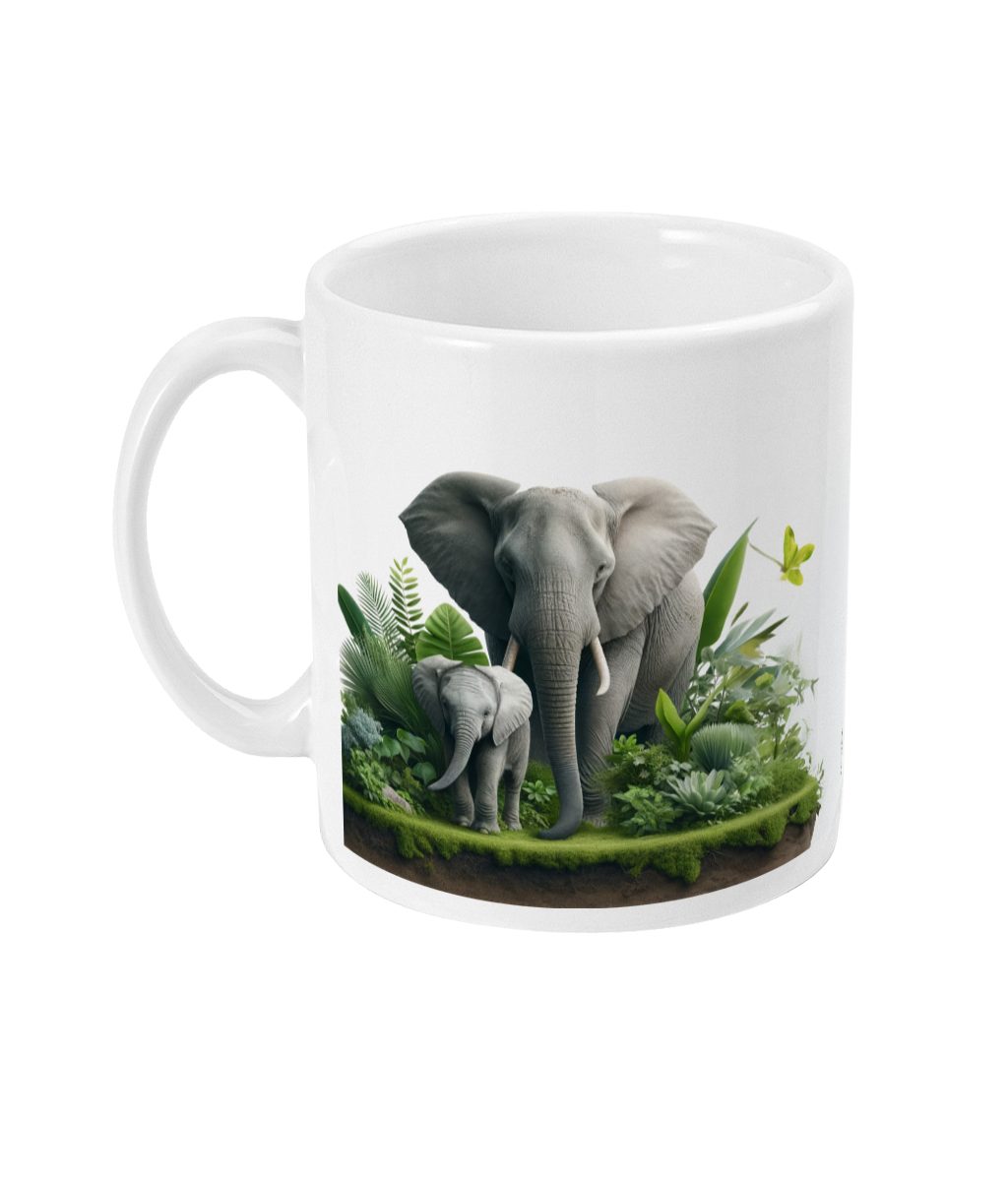 Serenity in the Wild: Elephant and Calf Mug featuring a heartwarming scene of two elephants in a lush green forest
