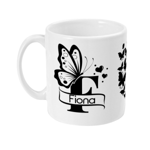 White mug with black butterfly design and personalised name 'Fiona'