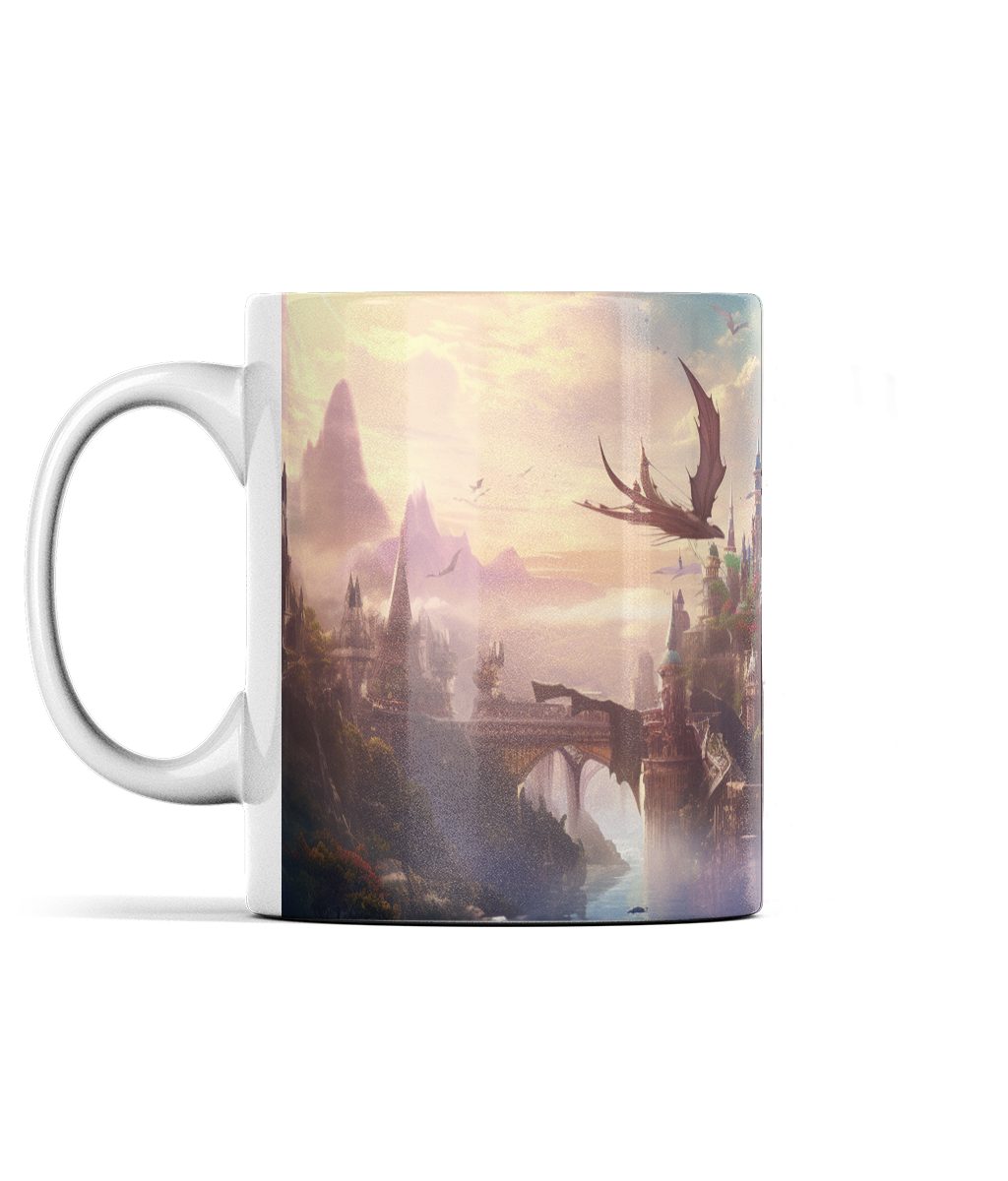 Majestic dragon flying over fantasy castle and landscape scene on a white ceramic mug