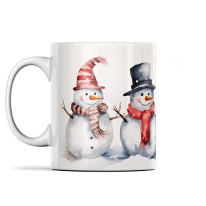 White ceramic mug featuring a watercolour graphic of two smiling snowmen in winter attire.