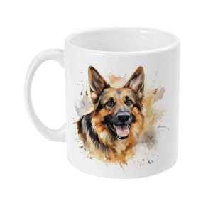 Colorful watercolor German Shepherd dog face graphic ceramic coffee mug