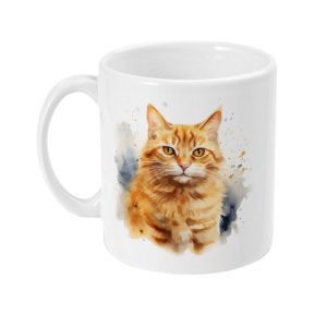 White ceramic mug with vibrant watercolour-style illustration of an orange tabby cat