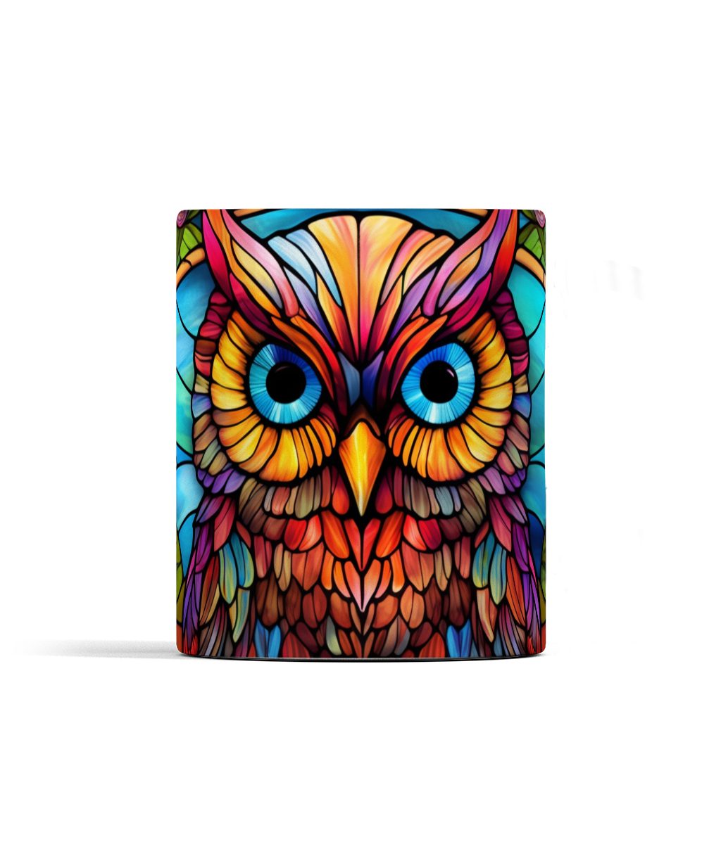 Vibrant and colorful owl design ceramic mug with intricate details in bright hues