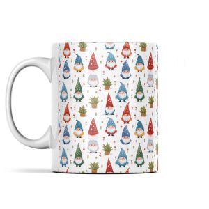 Colourful gnome-patterned mug with vibrant gnomes, plants, and hearts on a white background.