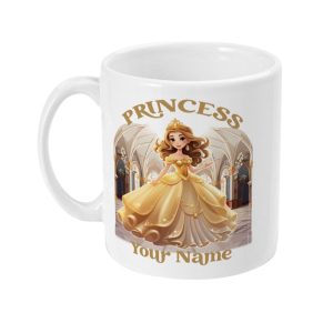 Cartoon-style princess in yellow gown standing in a grand hall with 'PRINCESS Your Name' text