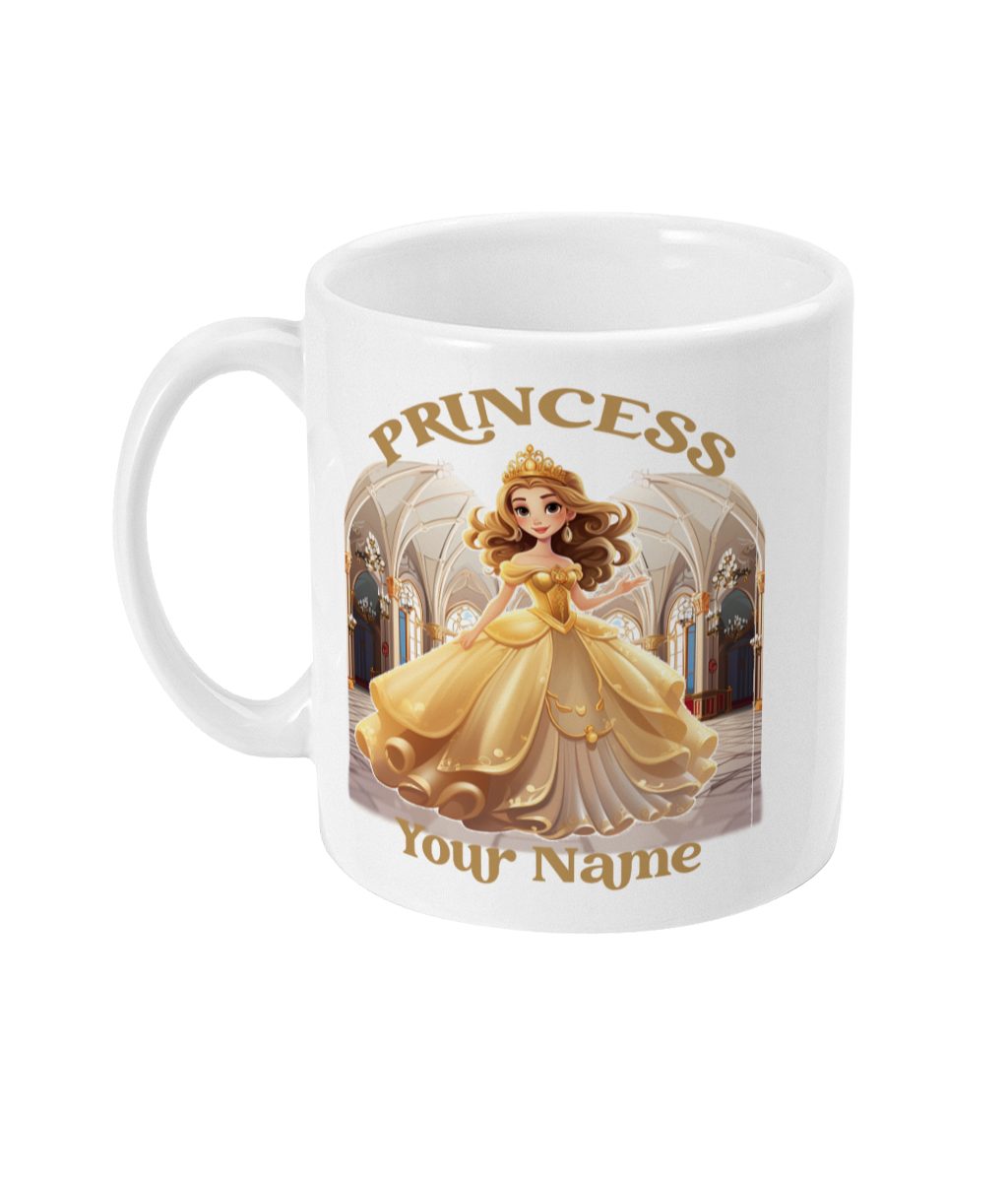 Cartoon-style princess in yellow gown standing in a grand hall with 'PRINCESS Your Name' text